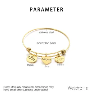 Detail of adjustable gold stainless steel MOM bracelet with size and weight specs