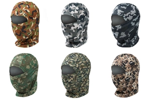 Various camouflage tactical balaclavas featuring breathable mesh and windproof fabric