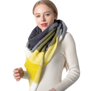 Women's yellow and grey plaid faux cashmere scarf oversized double-sided shawl