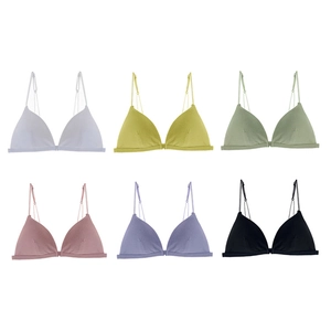 Set of seamless French ribbed triangle bralettes in six vibrant colors with thin straps