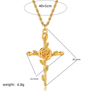 Gold rose cross birth flower necklace pendant with size specifications on white background