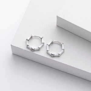 Minimalist S925 sterling silver bamboo hoop earrings with white enamel finish pair