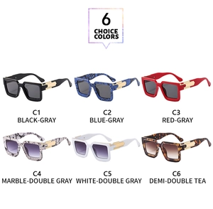Six stylish oversized square sunglasses in various colors with elegant gold metal temples