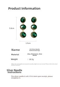 Détails des boucles d'oreilles pendantes strass verts avec dimensions et aiguille en argent 925