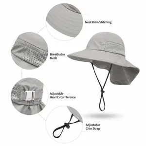 Grey kids outdoor sun hat with neck flap featuring breathable mesh and adjustable chin strap