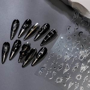 Nail Art Stickers 3D Silver Metallic Relief Self Adhesive Gothic Y2K Butterfly Moon Star Snake Pattern Decor