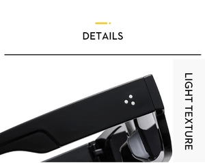 Close-up of sleek black square sunglasses frame with three silver rivet details