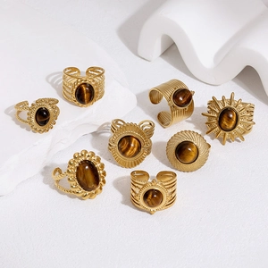 Retro 18k gold plated stainless steel rings with tiger eye stone in bohemian style