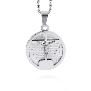 Hip hop silver stainless steel round pendant necklace with cross and Spanish scripture