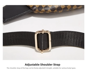 Detail of adjustable nylon shoulder strap with gold metal buckle on leather bag