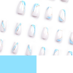 White and blue marble press-on nails with elegant gold glitter lines in coffin shape
