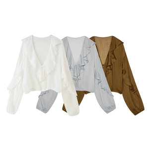 Women V Neck Ruffle Trim Blouse Chiffon Lantern Sleeve Tie Front Solid Color Elegant Commuter Top