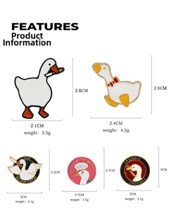 Detailed size and weight chart for cute enamel goose and seagull pins with gold trim