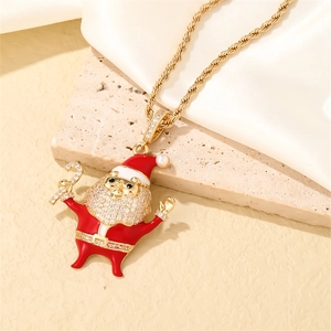 Golden Christmas Santa Claus pendant necklace with red enamel and pavé zircons