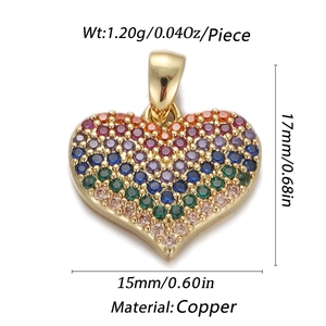 Macro detail of rainbow zircon heart pendant with size and copper material specs