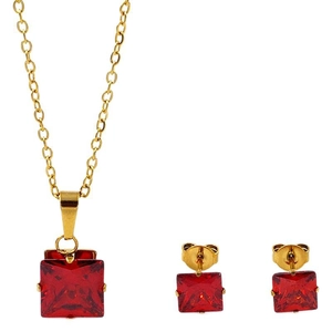 Elegant gold-plated stainless steel jewelry set with red square zircon pendant and studs