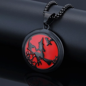 Halloween Witch Bat Round Pendant Necklace Stainless Steel Red Enamel Gothic Punk Dark Style Jewelry For Men Women