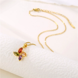 Colorful four-petal flower necklace with vibrant zircon crystals on a gold stainless chain