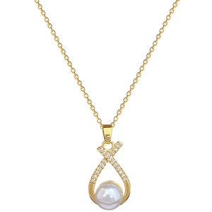 Titanium steel jewelry set with gold crisscross diamond pendant and white pearl necklace
