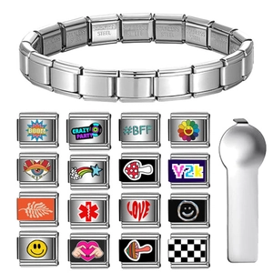 Detailed view of silver stainless steel modular bracelet links and adjustment tool