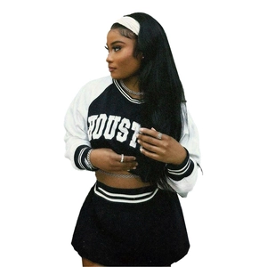 Detail of OUST print on two-piece black and white slim-fit baseball sweatshirt set