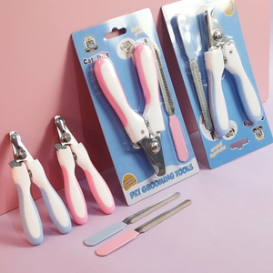 Pink and blue stainless steel pet nail clippers and file set for dogs and cats