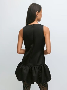 Sleeveless black satin mini dress with bubble hem and back zipper, elegant back view