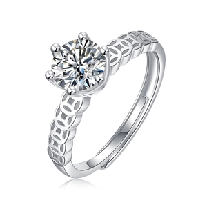Detailed shot of a silver six-prong ring featuring an intricate copper coin band pattern
