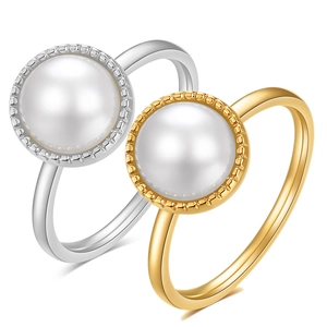 Elegant Artificial Pearl Ring 304 Stainless Steel With Large White Artificial Pearl Milgrain Edge Vintage Minimalist Jewelry For Women