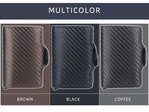 Three RFID carbon fiber card holders in brown, black, and coffee weave textures