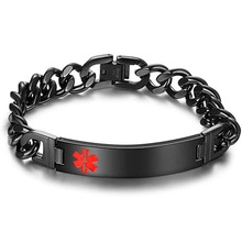 Matte black stainless steel medical alert ID bracelet with a red Star of Life symbol
