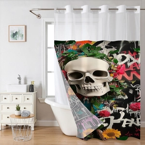 Waterdicht Halloween douchegordijn met schedel, groene wijnstokken en bloemen