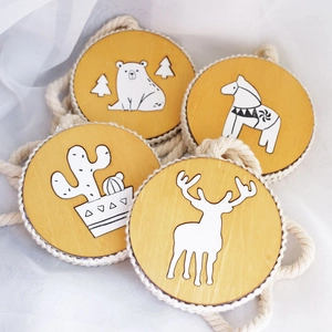 Set of 4 rustic wooden magnetic curtain tiebacks with hand-drawn animal and plant designs