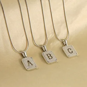 Stainless Steel Initial Necklace For Women Hollow Square Letter Pendant Snake Chain Sandblasted Fashion Jewelry
