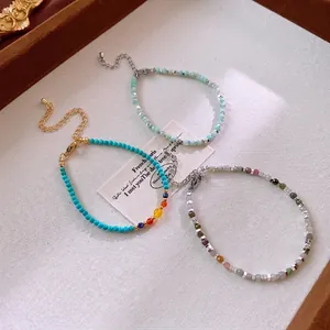 Faceted Natural Stone Beaded Bracelet Turquoise Multi Color Beads Adjustable Vintage Elegant Hand Jewelry For Women