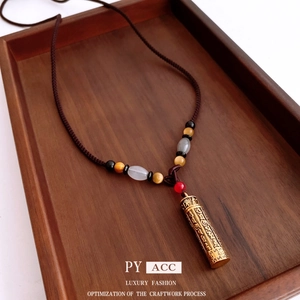 Retro Chinese Style Tiger Eye Stone Beaded Alloy Cylinder Pendant Necklace Engraved Mantra Ethnic Woven Rope Neck Jewelry