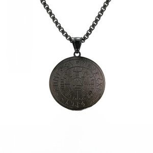 Detailed close-up of a vintage black Viking Vegvisir compass pendant on a box chain