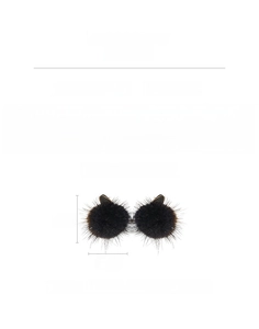 Detailed view of black plush cat ear earrings with gold metal base and dimensions