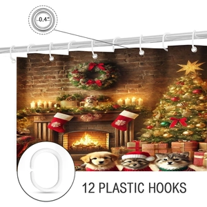 Detail showing 0.4-inch metal grommets and 12 plastic hooks for Christmas shower curtain