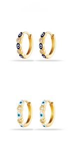 Detailed macro view showing blue enamel evil eye hoop earrings with 12mm diameter