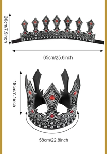 Detailed size chart of vintage king crown with embossed patterns and red gems