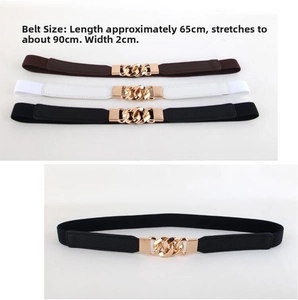 Size chart for women's elastic belts showing 65-90cm length and interlocking gold buckle detail