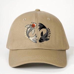 Khaki cotton baseball cap with yin yang koi fish design and Japanese text