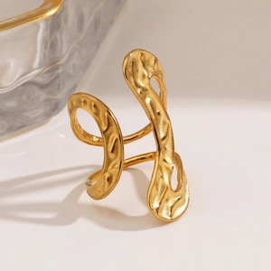 Minimalist wide gold hammered stainless steel irregular multi-layer open ring for women