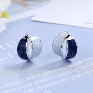 Detail of silver earrings with curved design and blue enamel inlay near white flowers