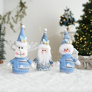 Three-piece set of blue and white Christmas plush dolls featuring deer and snowman details