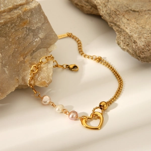 Vintage Heart Pendant Multiple Artificial Pearl Bracelet Stainless Steel Double Chain Adjustable Fashion Jewelry For Women