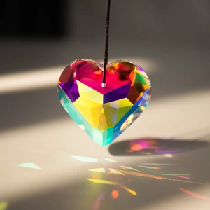 Rainbow heart crystal prism suncatcher pendant reflecting colorful light on simple wall