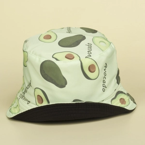 Close-up of the avocado print and Avocado text on the light green cotton bucket hat