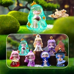 Macro shot of a translucent forest girl figure and a complete collection of seven toy dolls